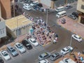 Aerial high shot of muslims praying outside a mosque due to it being filled - Islam Friday prayer