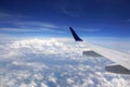 Aerial high in the sky shot from above the clouds with the wing Royalty Free Stock Photo
