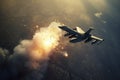 aerial high view of a generic military fighter jet crosses over a target bombing location during a special operation Royalty Free Stock Photo