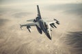 aerial high view of a generic military fighter jet crosses over a target bombing location during a special operation Royalty Free Stock Photo