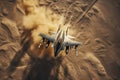 aerial high view of a generic military fighter jet crosses over a target bombing location during a special operation Royalty Free Stock Photo