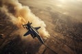 aerial high view of a generic military fighter jet crosses over a target bombing location during a special operation Royalty Free Stock Photo