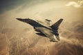 aerial high view of a generic military fighter jet crosses over a target bombing location during a special operation