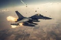 aerial high view of a generic military fighter jet crosses over a target bombing location during a special operation