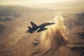 aerial high view of a generic military fighter jet crosses over a target bombing location during a special operation