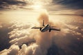 aerial high view of a generic military fighter jet crosses over a target bombing location during a special operation Royalty Free Stock Photo