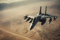 aerial high view of a generic military fighter jet crosses over a target bombing location during a special operation