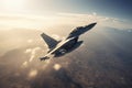 aerial high view of a generic military fighter jet crosses over a target bombing location during a special operation