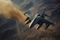 aerial high view of a generic military fighter jet crosses over a target bombing location during a special operation