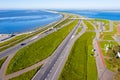 Aerial from the highway A7 at Kronwerderzand at the Afsluitdijk the Netherlands
