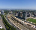 Aerial of highway and railway infrastructure connection between business district Zuidas and the Amsterdam Bijlmer Arena