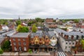 Aerial of historic downtown Lancaster, Pennsylvania with blooming trees