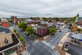 Aerial of historic downtown Lancaster, Pennsylvania with blooming trees