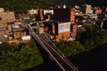 Aerial of Historic Wheeling Suspension Bridge + Downtown Buildings - Ohio River - Wheeling, West Virginia Royalty Free Stock Photo