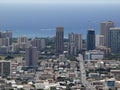 Aerial of Honolulu, Waikiki, Buildings, parks, hotels and Condos