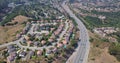 Aerial of houses and highway in suburbs of san mateo county, sf bay area california, USA