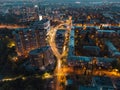 Aerial illuminated evening city, Kharkiv streets Royalty Free Stock Photo