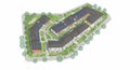 Aerial illustration of a residential complex featuring multiple buildings with flat roofs, Royalty Free Stock Photo
