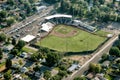 An aerial image of a Baseball stadium in a small city.