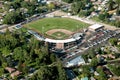 An aerial image of a Baseball stadium in a small city.