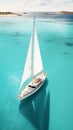 Aerial image of beautiful sailboat cruising in blue open ocean. Luxury white yacht. Generative AI Royalty Free Stock Photo