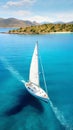 Aerial image of beautiful sailboat cruising in blue open ocean. Luxury white yacht. Generative AI Royalty Free Stock Photo