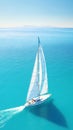 Aerial image of beautiful sailboat cruising in blue open ocean. Luxury white yacht. Generative AI Royalty Free Stock Photo