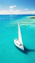 Aerial image of beautiful sailboat cruising in blue open ocean. Luxury white yacht. Generative AI