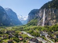 Aerial image of the beautiful village Lauterbrunnen with Staubbach waterfall Royalty Free Stock Photo