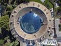 aerial image of a blue glass dome over the courtyard of a circular historical building, former cloth factory of Brihuega,