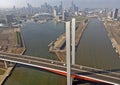 Aerial image of the Bolte Bridge over Docklands and the city of Melbourne in the background. Royalty Free Stock Photo