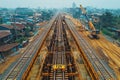 Aerial view of busy construction progress on railway infrastructure Royalty Free Stock Photo
