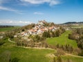 Aerial image of Castle of Rue built in 12th century and the town on a rock Royalty Free Stock Photo