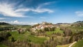 Aerial image of Castle of Rue built in 12th century and the town on a rock Royalty Free Stock Photo