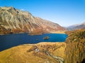 Aerial image of the Chaviolas, Chaste islets and Isolat on the lake of Silsersee