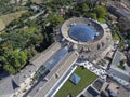 aerial image circular historical building, with a of a blue glass dome over the courtyard,old former cloth factory of Brihuega,