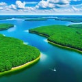 Aerial image of clouds and lush islands on a lovely summer Masurian Lake