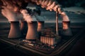 Aerial image of high pipes from a coal power station at dusk.