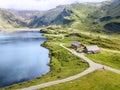 Aerial image of hiking path along the mountain lake over the Engelberg