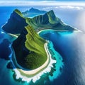 Aerial image of the island of with the renowned Le Morne Brabant the stunning blue and the dramatic underwater