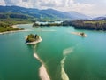 Aerial image of Lake of Gruyere with ruins castle of Pont