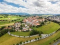 Aerial image of old Swiss town Romont, built on a rock prominence