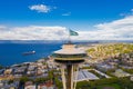 Aerial image Seattle Space Needle with Puget Sound bay in background