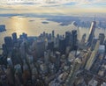 Panoramic aerial of the Manhattan financial district with modern office towers in New York City Royalty Free Stock Photo