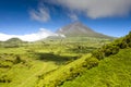 Aerial image of typical green volcanic caldera crater landscape with volcano cones of Planalto da Achada central plateau of Ilha Royalty Free Stock Photo