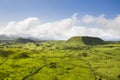 Aerial image of typical green volcanic caldera crater landscape with volcano cones of Planalto da Achada central plateau of Ilha Royalty Free Stock Photo