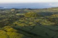 Aerial image of typical green volcanic caldera crater landscape with volcano cones of Planalto da Achada central plateau of Ilha Royalty Free Stock Photo