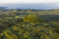 Aerial image of typical green volcanic caldera crater landscape with volcano cones of Planalto da Achada central plateau of Ilha Royalty Free Stock Photo