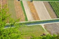 Aerial image of vineyards, orchards and stream