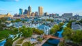 Aerial of Indianapolis Skyline with Canal and Pedestrian Bridge at Golden Hour Royalty Free Stock Photo